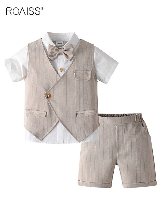 4 Piece Comortable Clothing Set for Toddler Boys, Little Gentleman Short Sleeve Button Shirt, Shorts and Vest Set with Bow Tie, Formal Outfit for Summer, Suitable for Wedding Ceremonies, Performances and Formal Activities